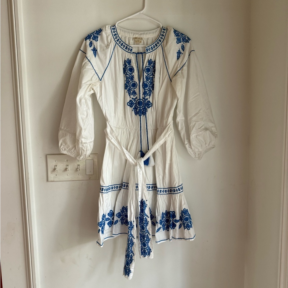 Shoshanna White Dress with Blue Embroidery